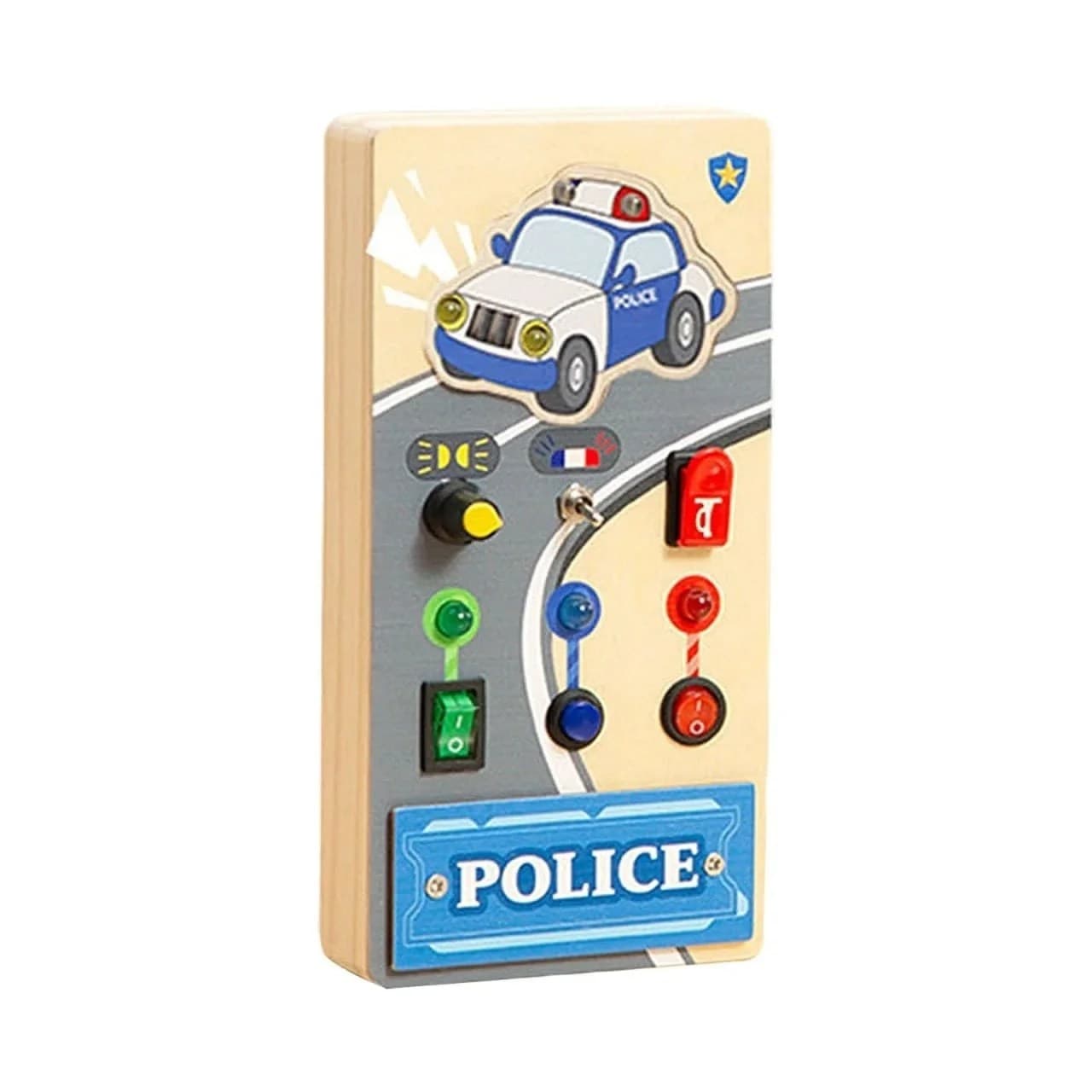 Panou senzorial din lemn tema politie cu lumini si intrerupatoare pentru dezvoltarea motricitatii copiilor