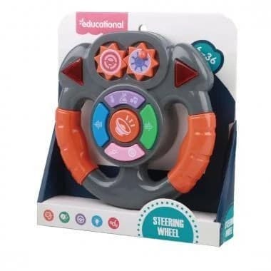 Jucarie volan interactiv educational gri-portocaliu cu butoane si angrenaje pentru bebelusi 4-36 luni