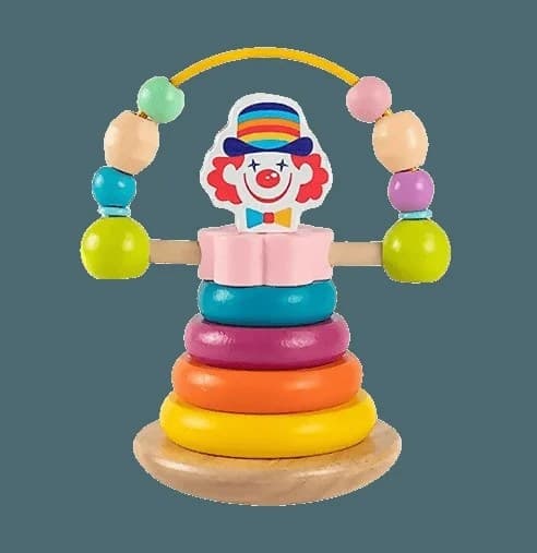 Jucarie educationala din lemn cu clovn colorat, stivuire inele si abac pentru bebelusi