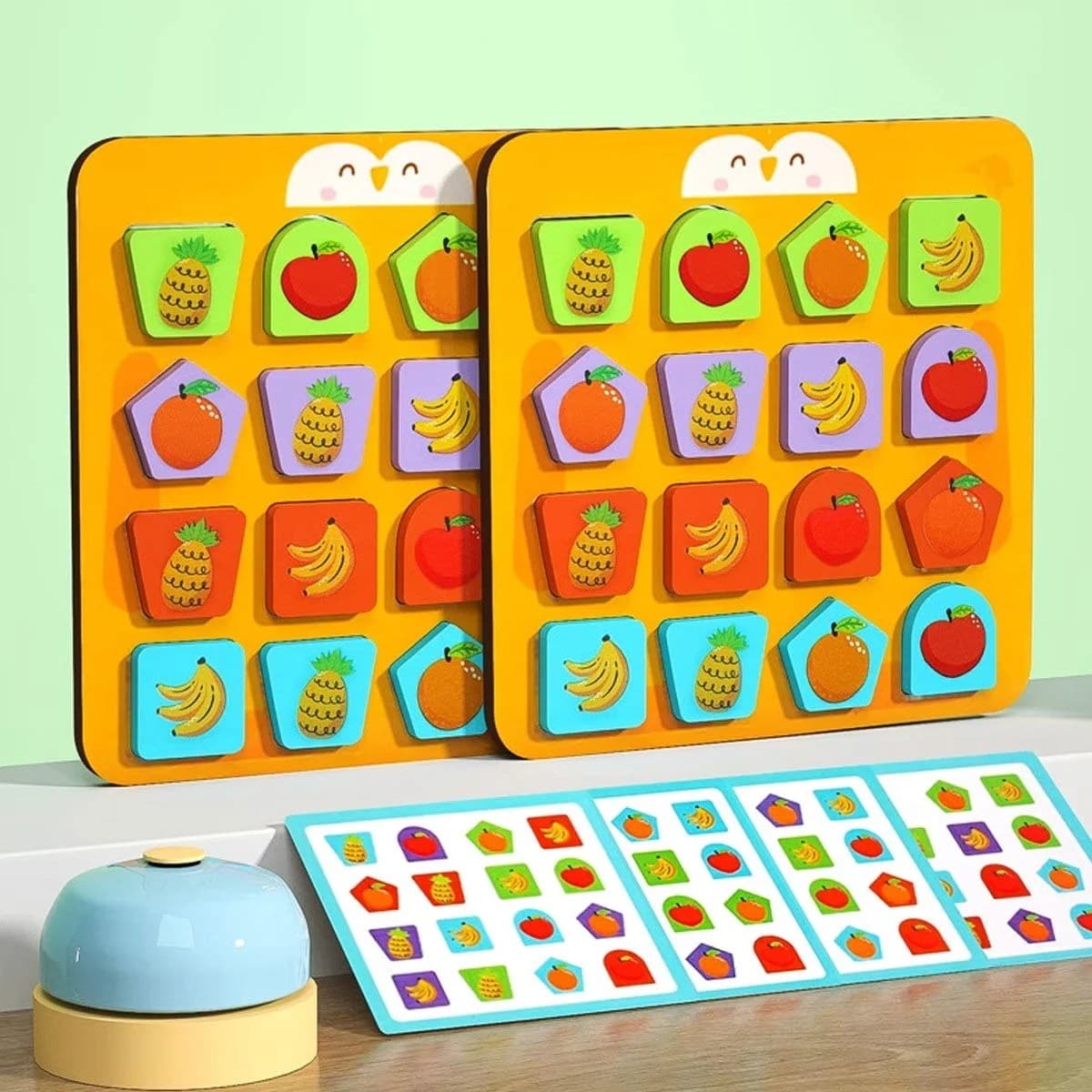 Joc educativ Montessori din lemn pentru potrivire forme si culori cu fructe, pentru copii