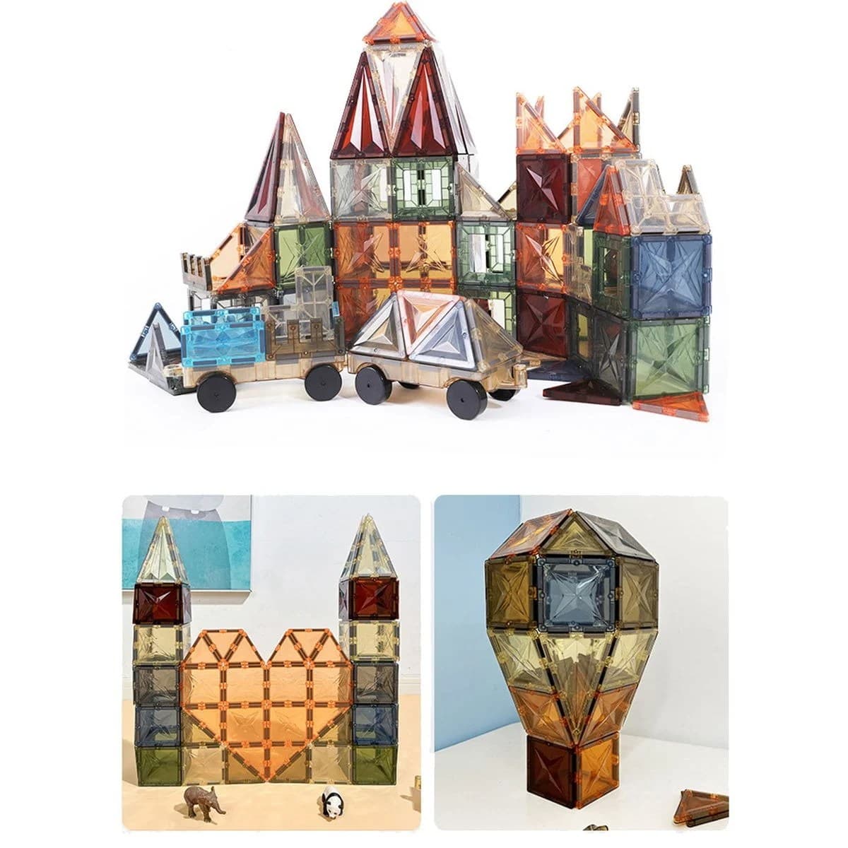 Set magnetic constructie piese translucide colorate tip tigla pentru imaginatie si invatare copii 3+