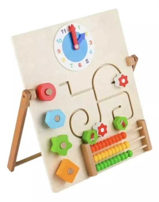 Tabla de activitati multifunctionala din lemn, multicolor, cu ceas, abac si labirint pentru copii