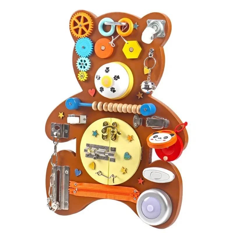 Placa senzoriala Montessori din lemn in forma de ursulet, cu activitati multiple, colorata, pentru bebelusi si copii mici