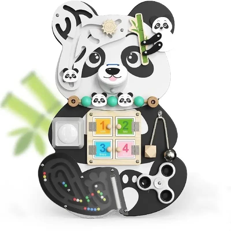 Panou senzorial interactiv tip panda din lemn si plastic pentru dezvoltare motrica si cognitiva