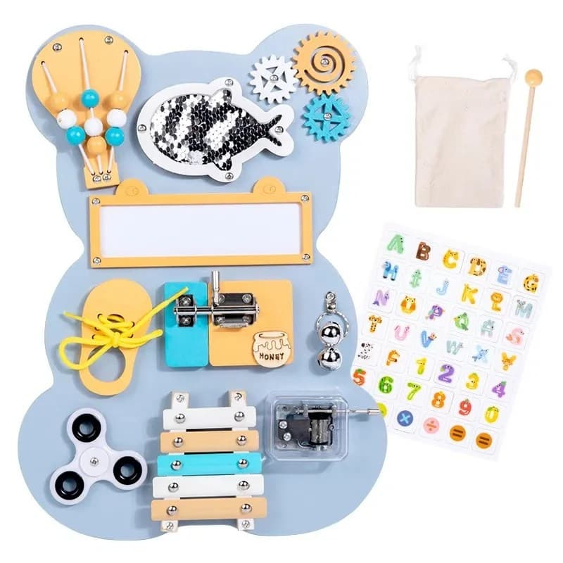 Jucarie interactiva busy board Montessori din lemn cu activitati multiple pentru copii 1-3 ani