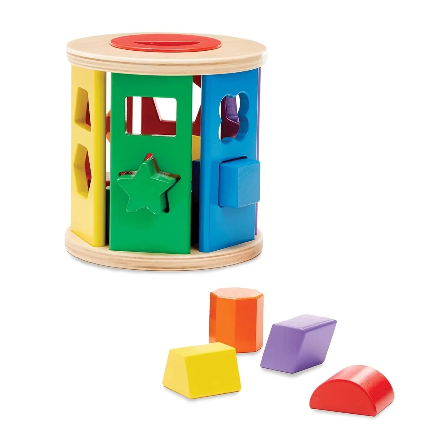 Sortator de forme si culori cilindric din lemn, multicolor, ideal pentru copii mici