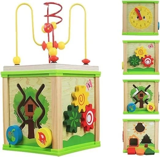 Cub de activitati Montessori din lemn cu labirint de margele, sortator de forme si ceas pentru copii 1-3 ani