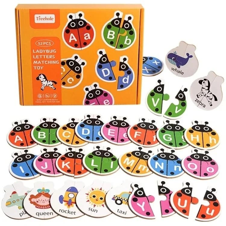 Set educativ puzzle din lemn buburuze cu litere alfabet, 52 piese, pentru copii prescolari