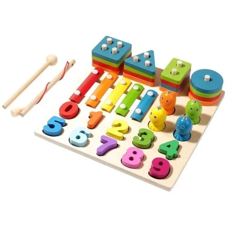 Jucarie multifunctionala din lemn Montessori, sortator forme si numere, xilofon si joc de pescuit