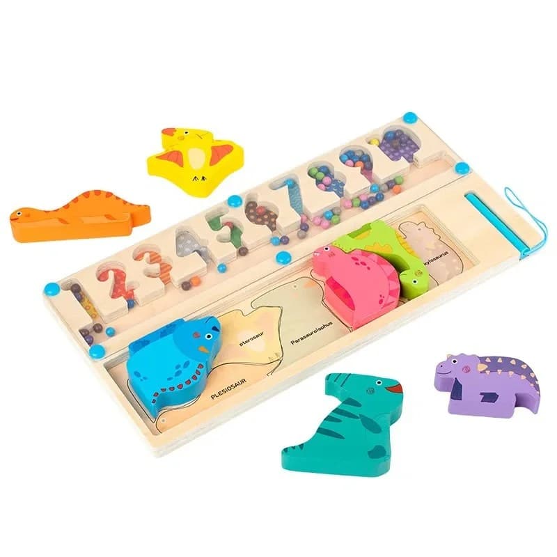 Set educativ de invatare din lemn cu dinozauri, numere si bile colorate pentru copii prescolari