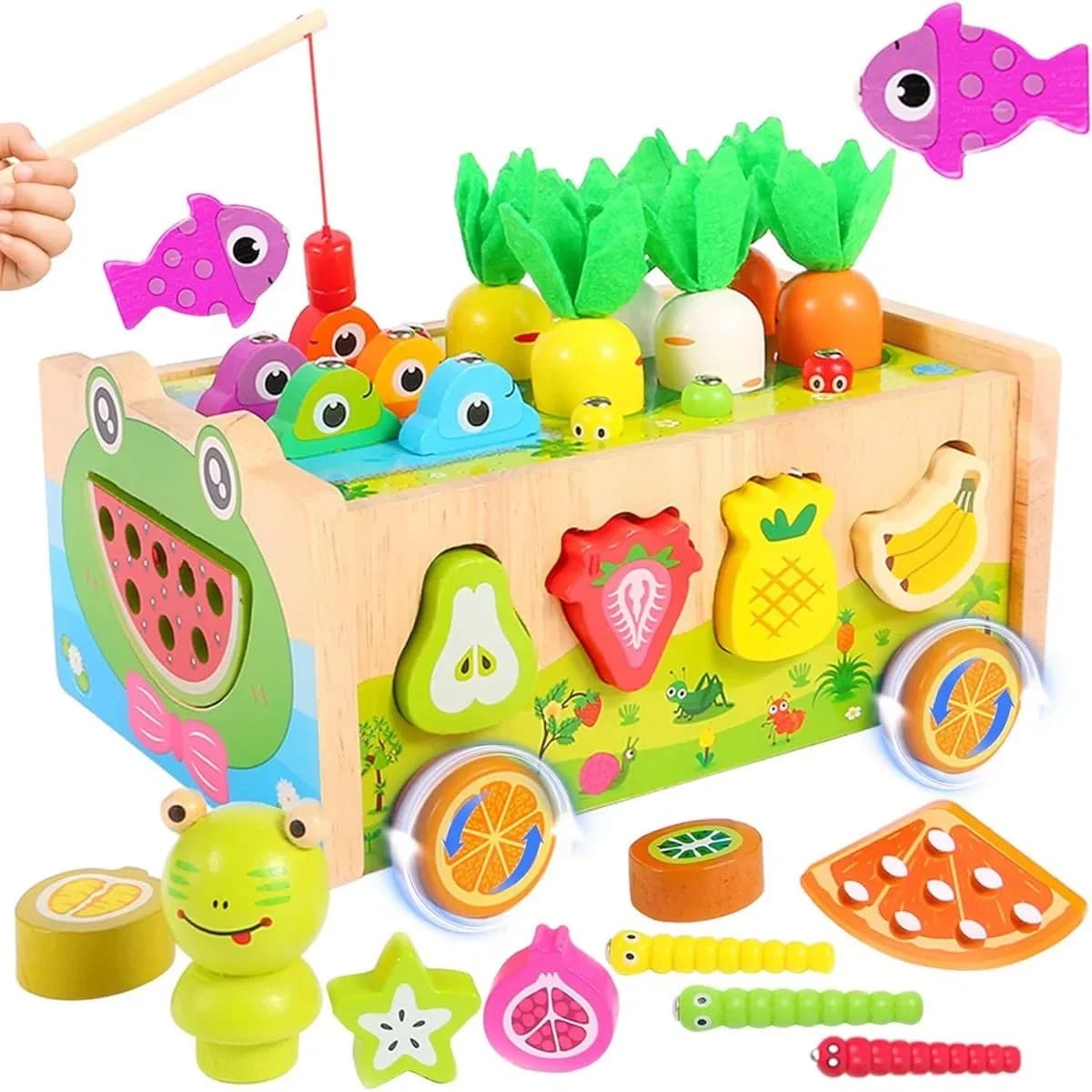 Set educativ multifunctional din lemn cu joc de pescuit, sortare forme si morcovi pentru copii