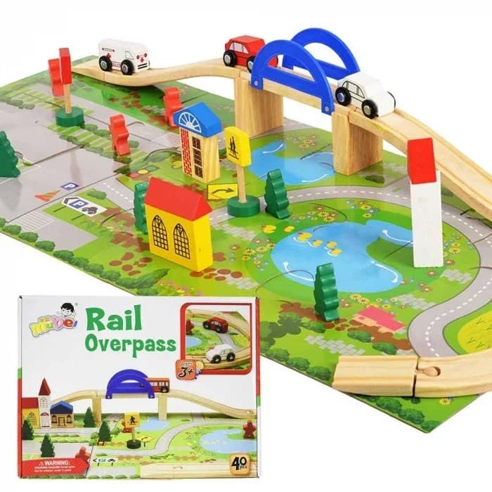 Set de joaca din lemn cu overpass pentru cale ferata, masinute si accesorii, 40 piese, pentru copii 3+ ani