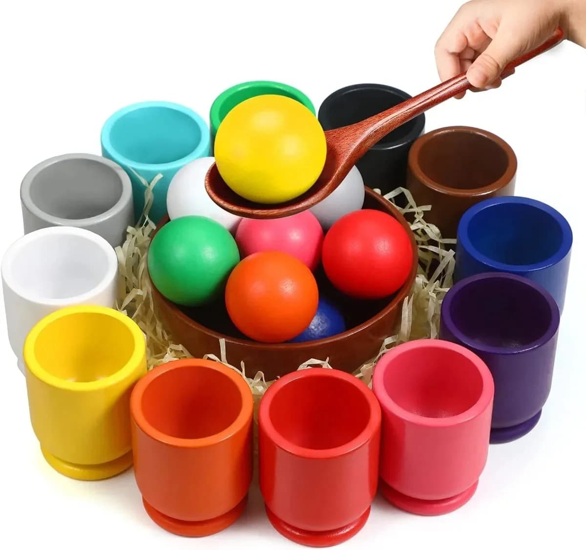 Set educativ montessori din lemn cu bile si cupe colorate pentru sortare si dezvoltarea dexteritatii