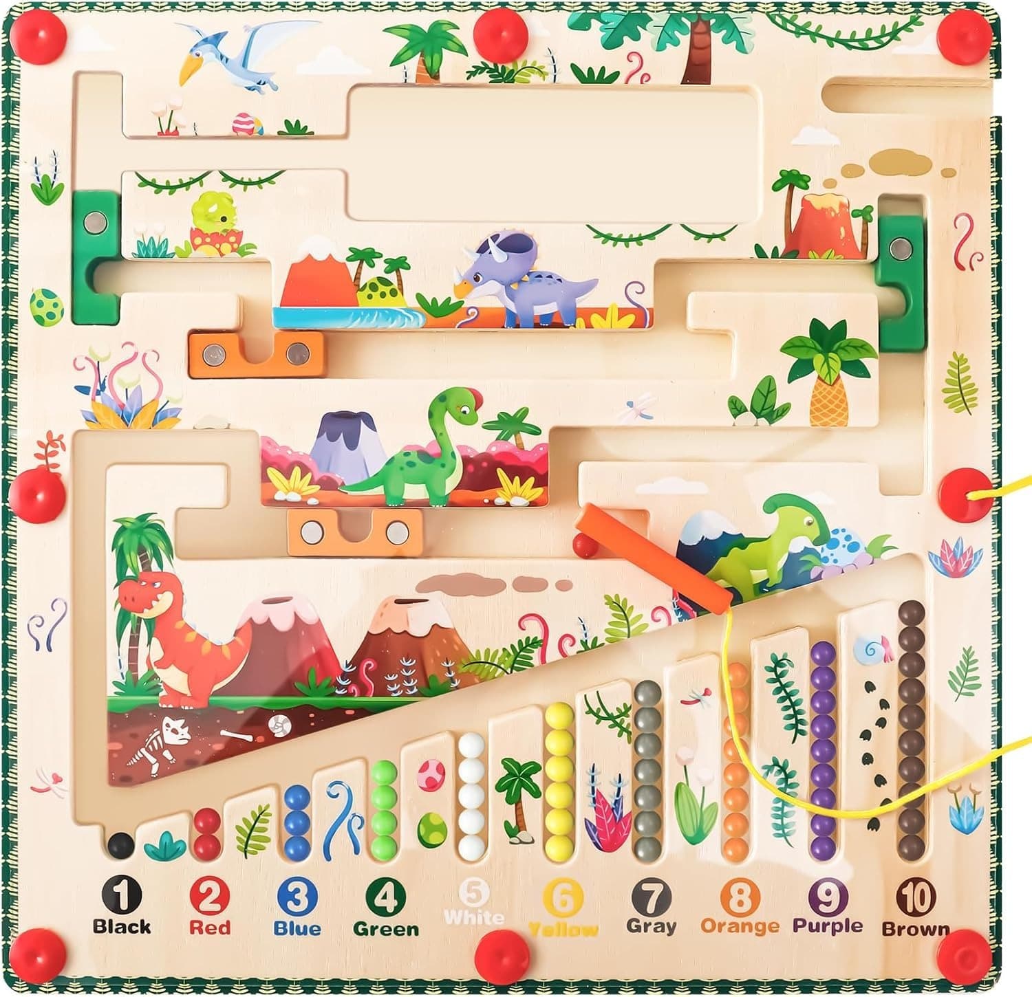 Tabla de activitati educativa cu labirint magnetic, numere si dinozauri, pentru copii prescolari, 3 ani+