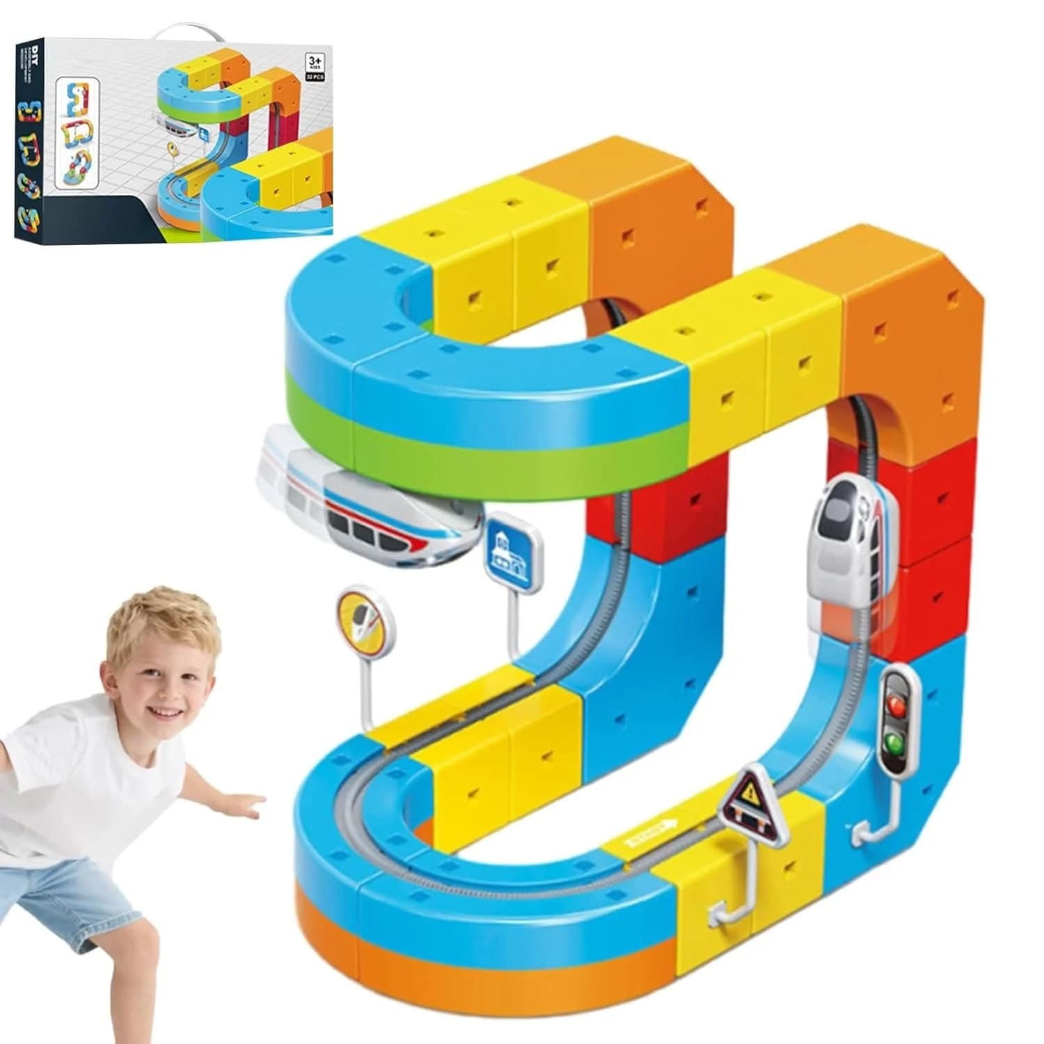 Set interactiv de constructie cu tren monorail si blocuri colorate pentru copii 3+ ani, 18 piese