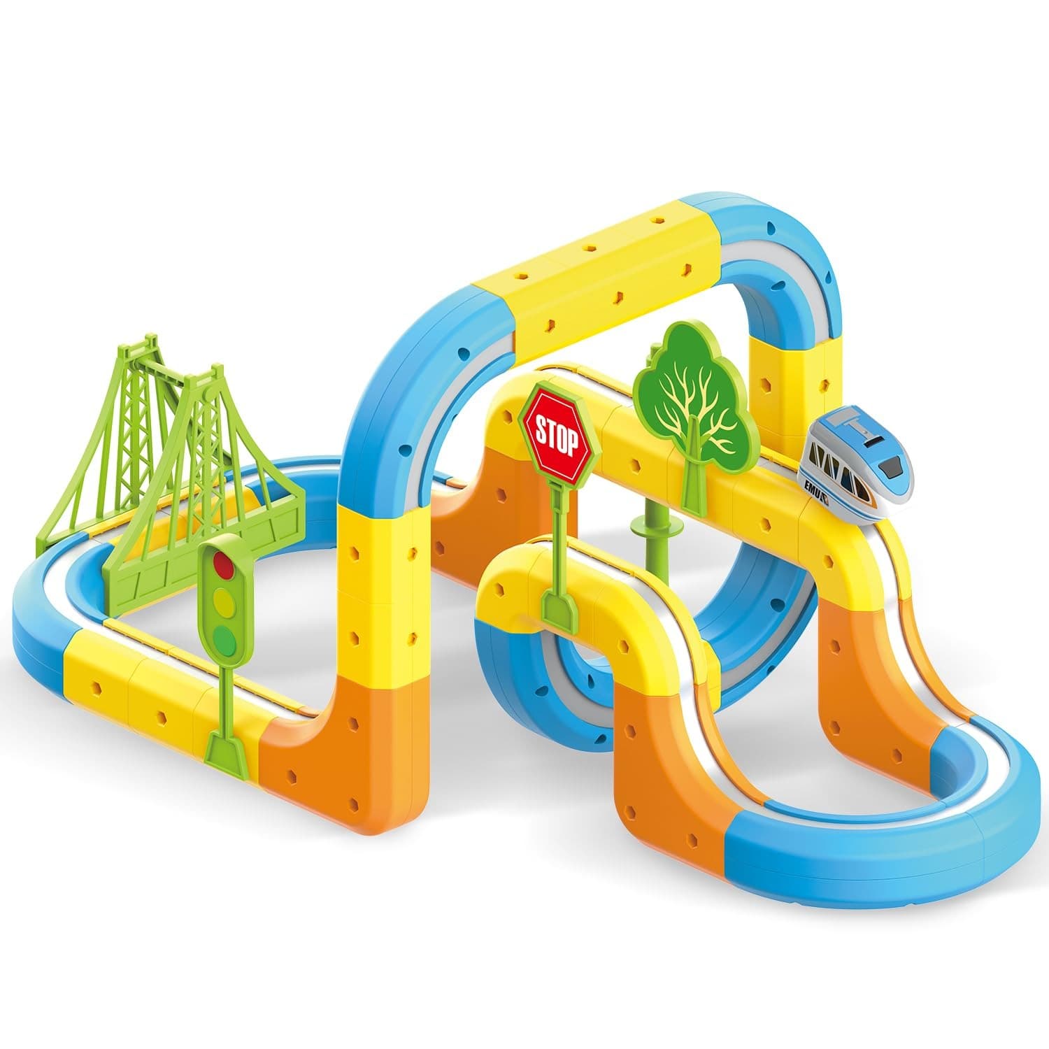 Set interactiv de trenulet cu pista modulara colorata, cu pod si accesorii, pentru copii, 55 piese