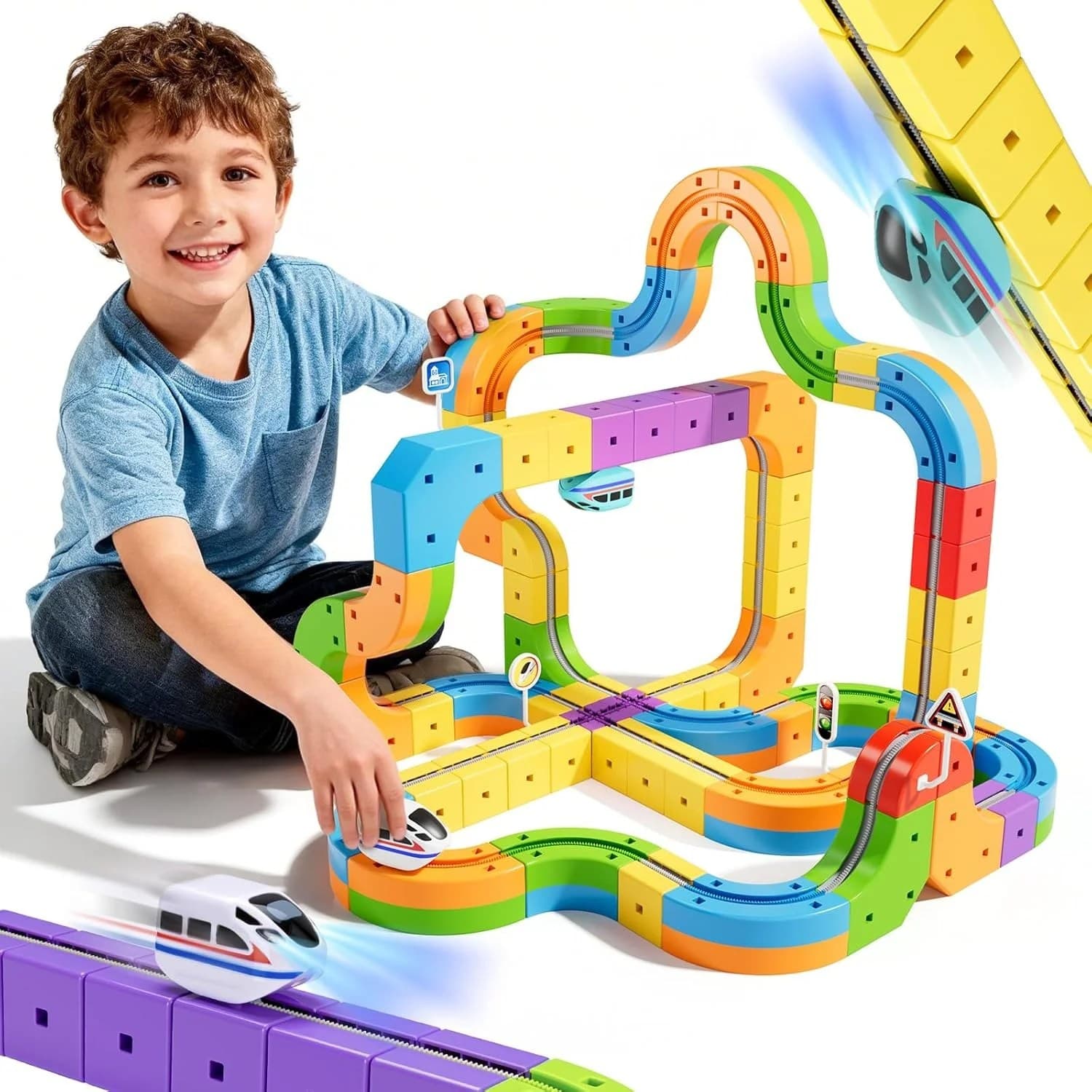 Set magnetic de constructie modular cu trenuri hover colorate si interactive pentru copii, 57 piese