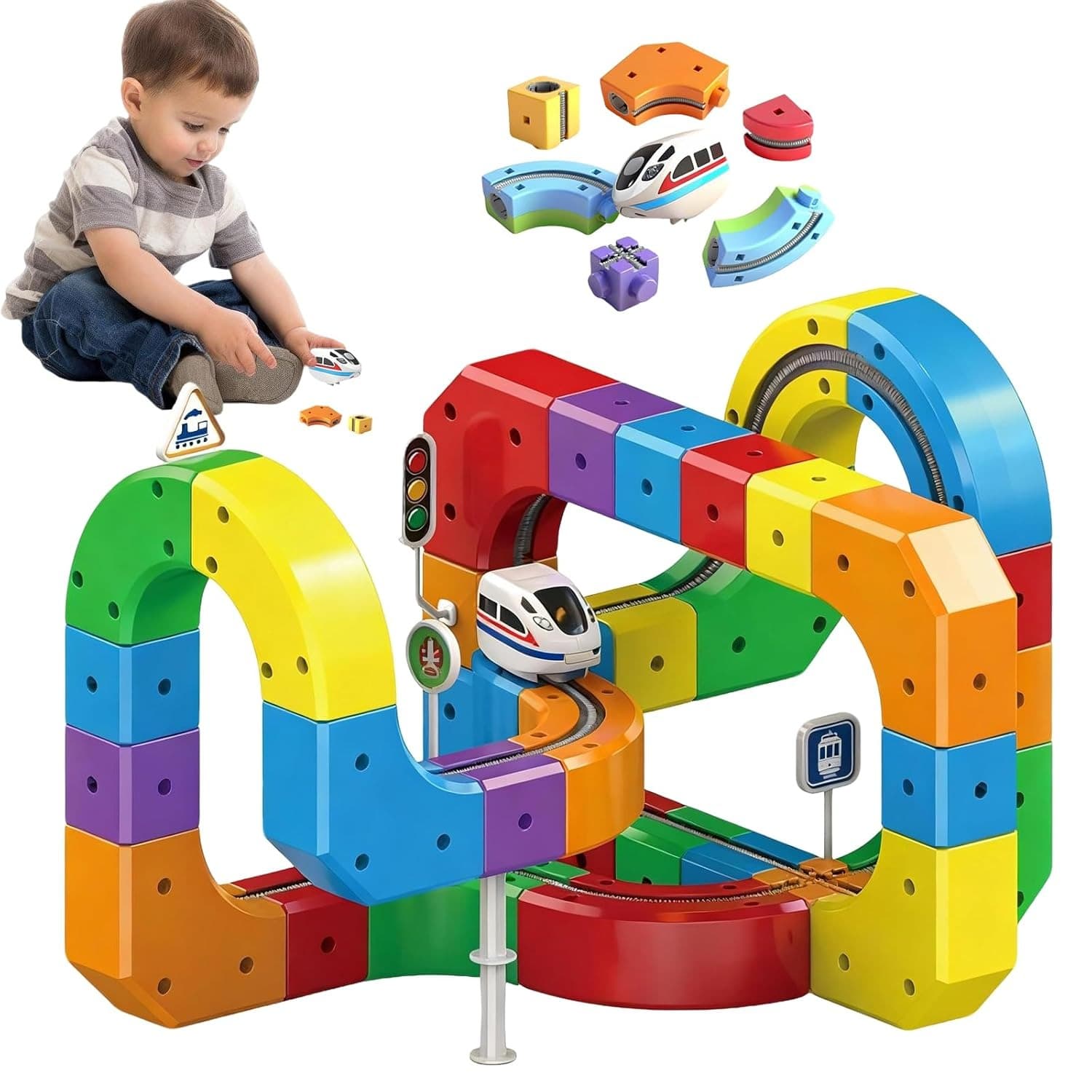Set interactiv de constructie cu blocuri magnetice colorate si tren electric pentru copii mici, 108 piese
