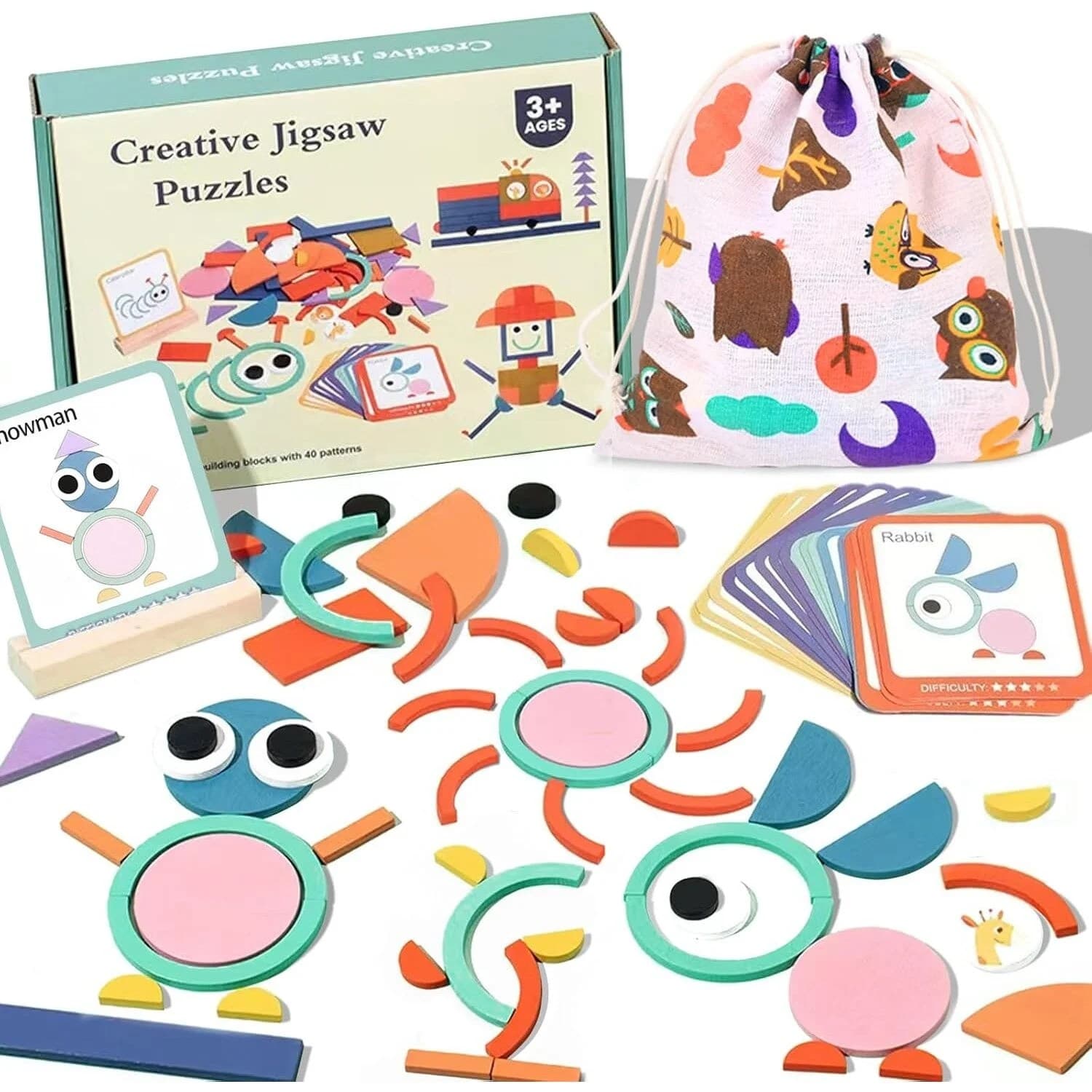 Joc educativ puzzle creativ din piese de lemn pentru dezvoltarea imaginatiei la copii 3+ ani