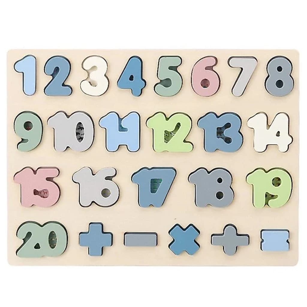 Set educativ din lemn cu puzzle numere colorate 1-20 si semne matematice pentru copii prescolari