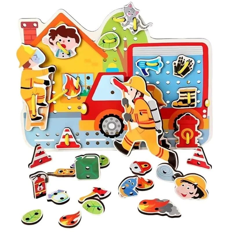 Set puzzle educativ din lemn multicolor cu pompieri si masina de interventie pentru copii