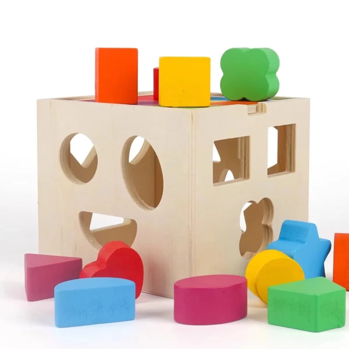 Joc educativ sortator de forme din lemn cu cuburi colorate pentru copii 12+ luni