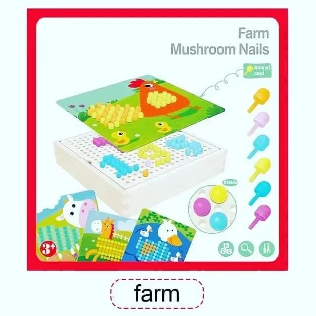 Set joc educativ Placa Pegboard si pioni ciuperca cu tematica ferma pentru copii 3+ ani