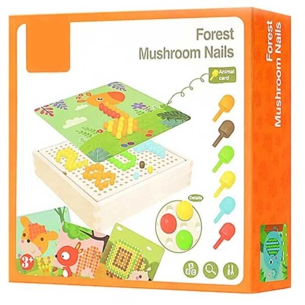 Joc educativ Forest Mushroom Nails din lemn cu placa perforata si pioneze colorate, pentru copii 3 ani