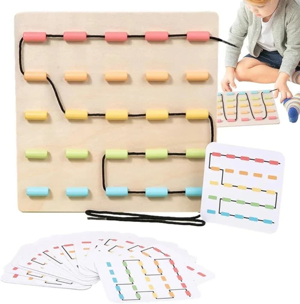 Jucarie montessori din lemn pentru snuruit cu margele colorate si carduri cu modele