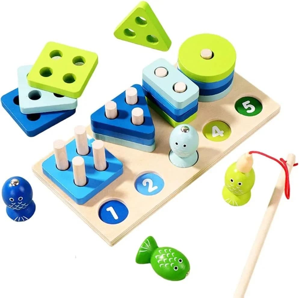 Set de sortare si stivuire din lemn Montessori cu forme geometrice, cifre si pescuit magnetic pentru copii 2-5 ani