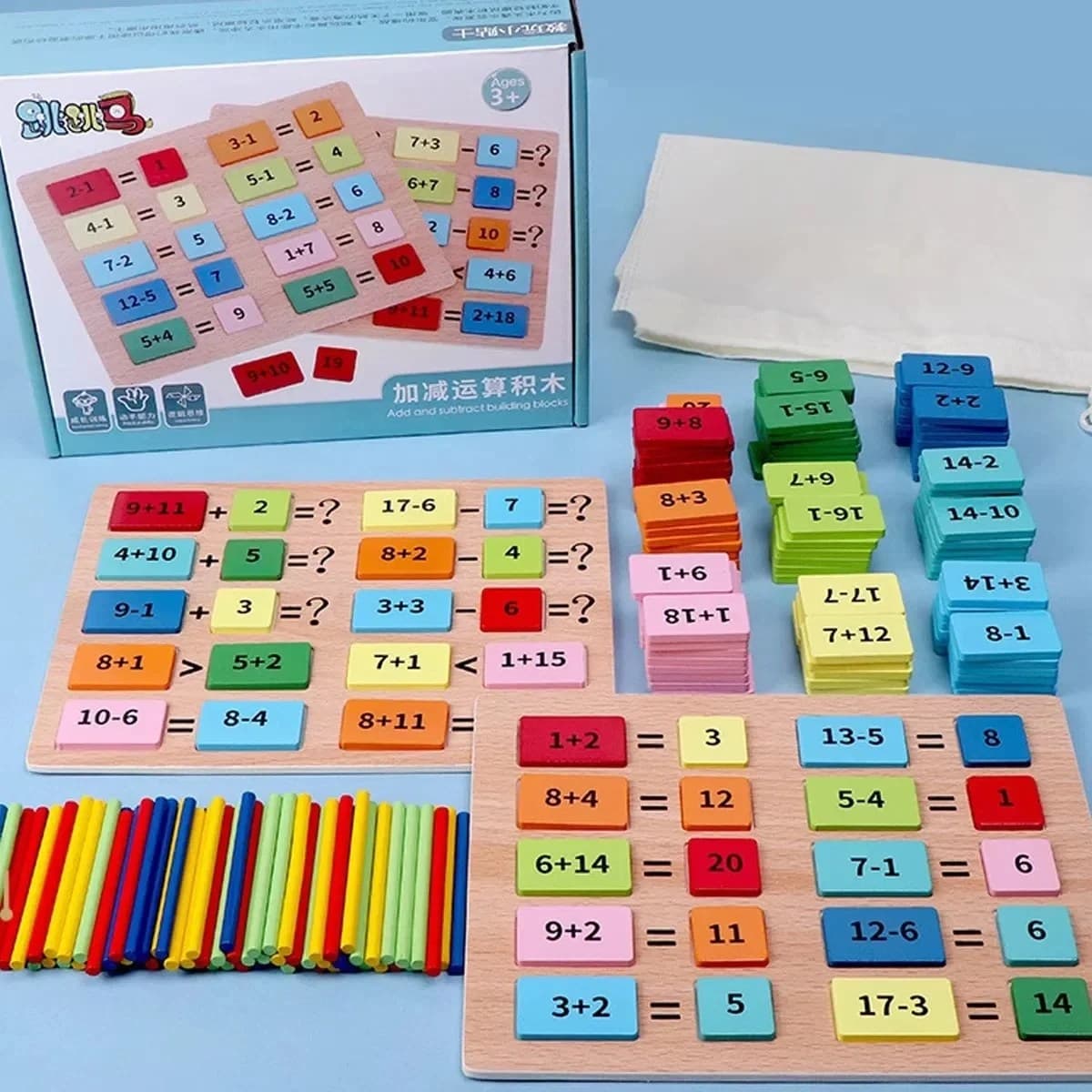 Set educativ Montessori de matematica din lemn, cu blocuri colorate si betisoare pentru copii 3+ ani