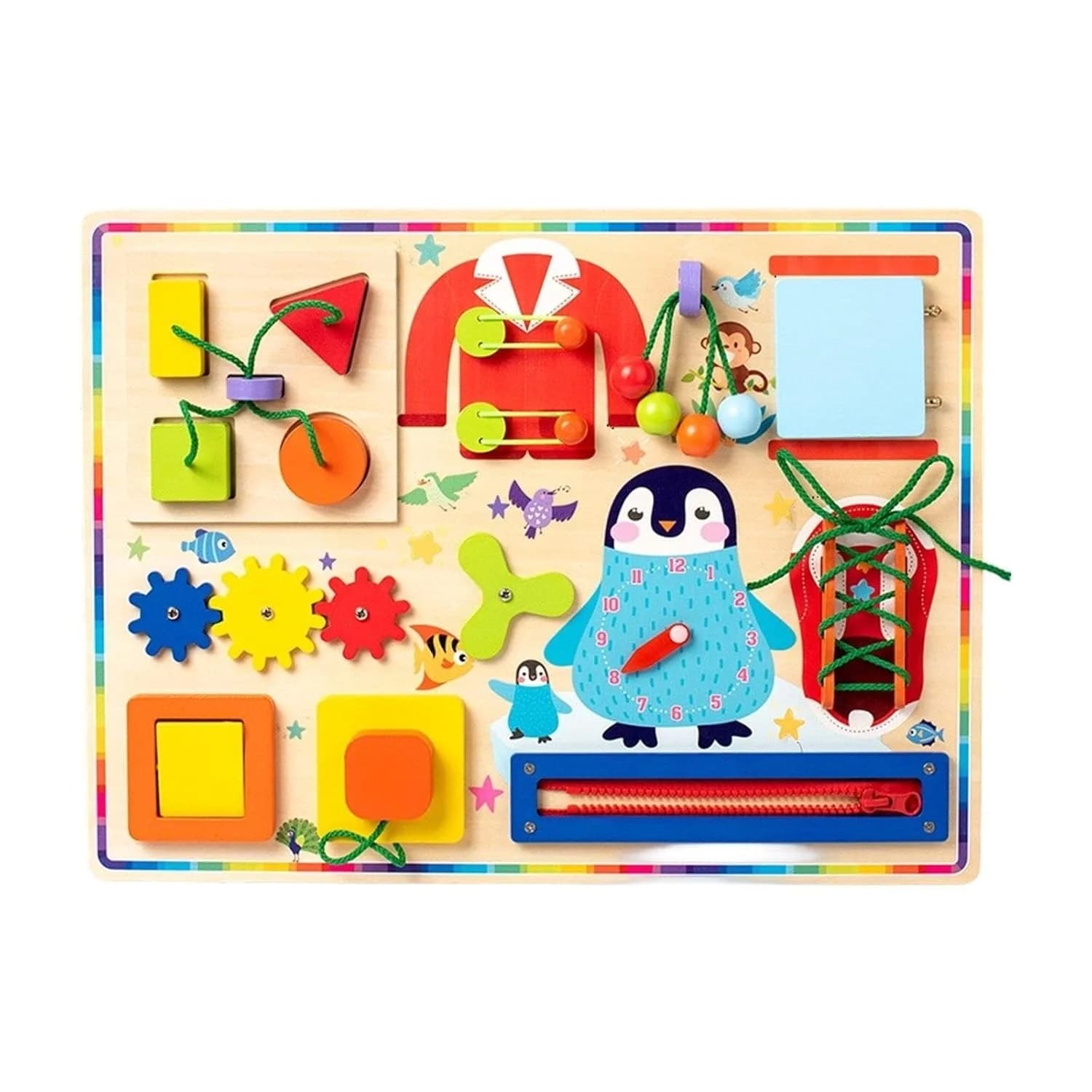Placa de activitati Montessori din lemn cu siret, fermoar si butoane pentru dezvoltarea abilitatilor 1-3 ani