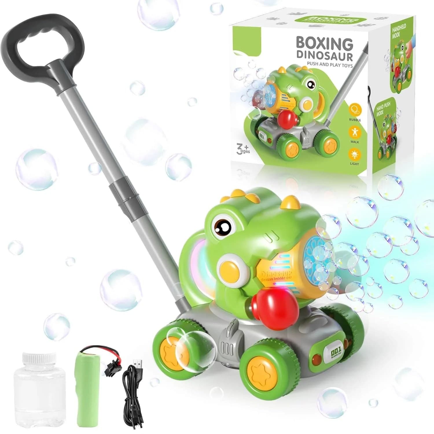 Dinozaur de jucarie interactiv verde cu box, generator de bule si lumini pentru copii 3 ani+