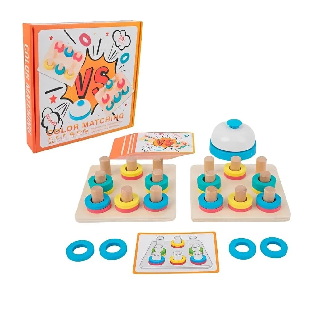 Joc Rapid Educativ din Lemn Color Matching VS cu Inele Multicolore si Clopotel pentru Copii 3+ Ani