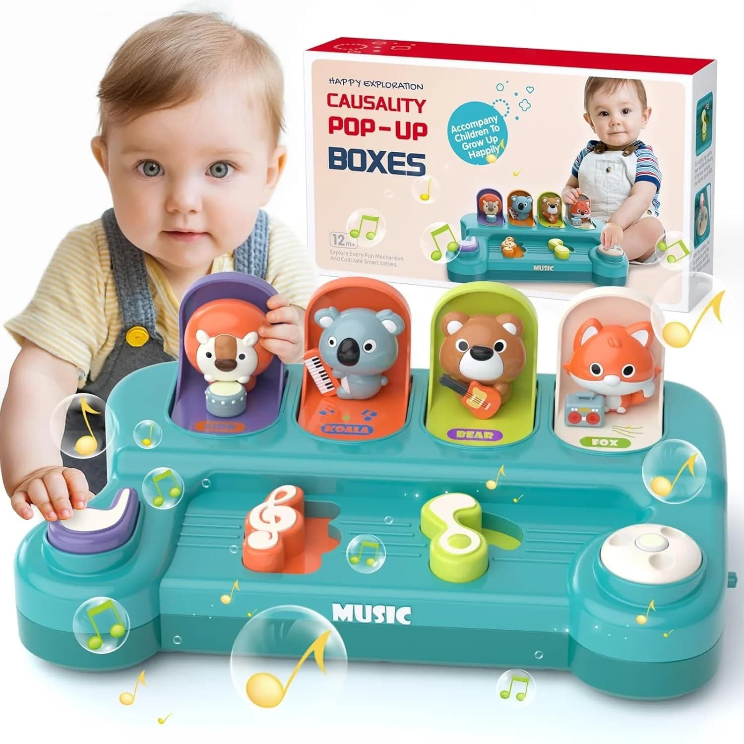 Jucarie interactiva pop-up muzicala cu animale si butoane pentru bebelusi 12+ luni