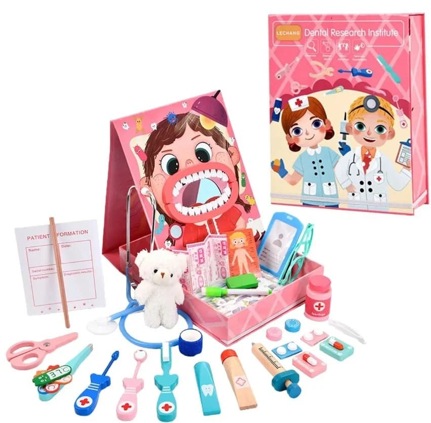 Set de joaca medic dentist institut de cercetare dentara din lemn si carton pentru copii