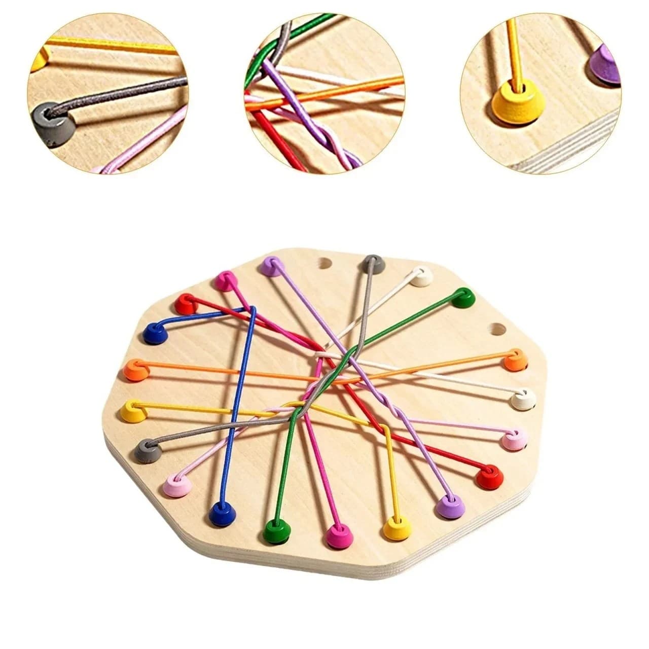 Jucarie educativa din lemn pentru snuruit si dezvoltarea dexteritatii, cu elastice colorate