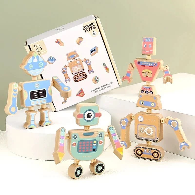 Set educativ de roboti magnetici din lemn natural pentru dezvoltarea creativitatii copiilor 3+ ani
