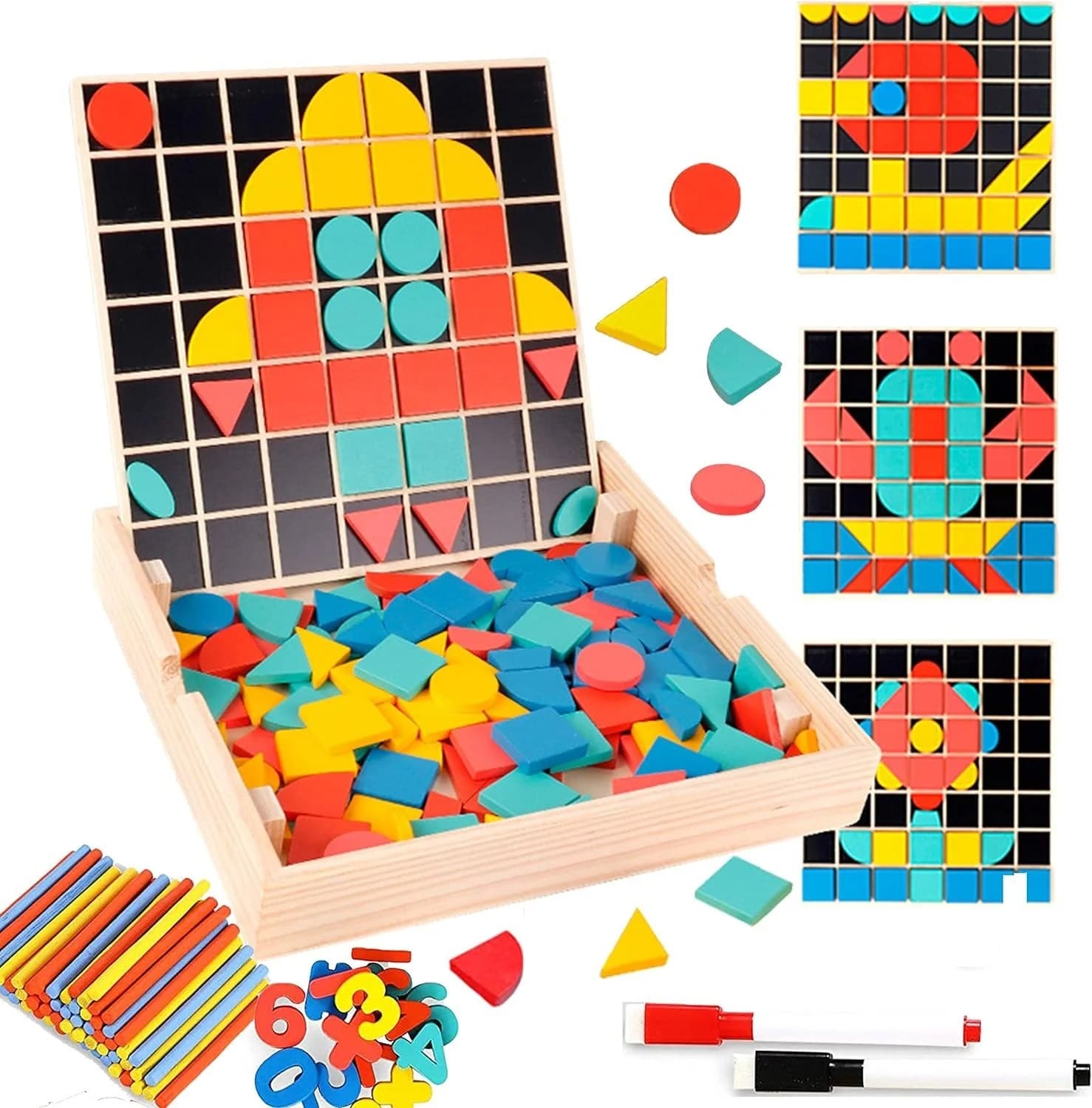 Set educativ montessori din lemn cu forme geometrice, numere si bete de numarat