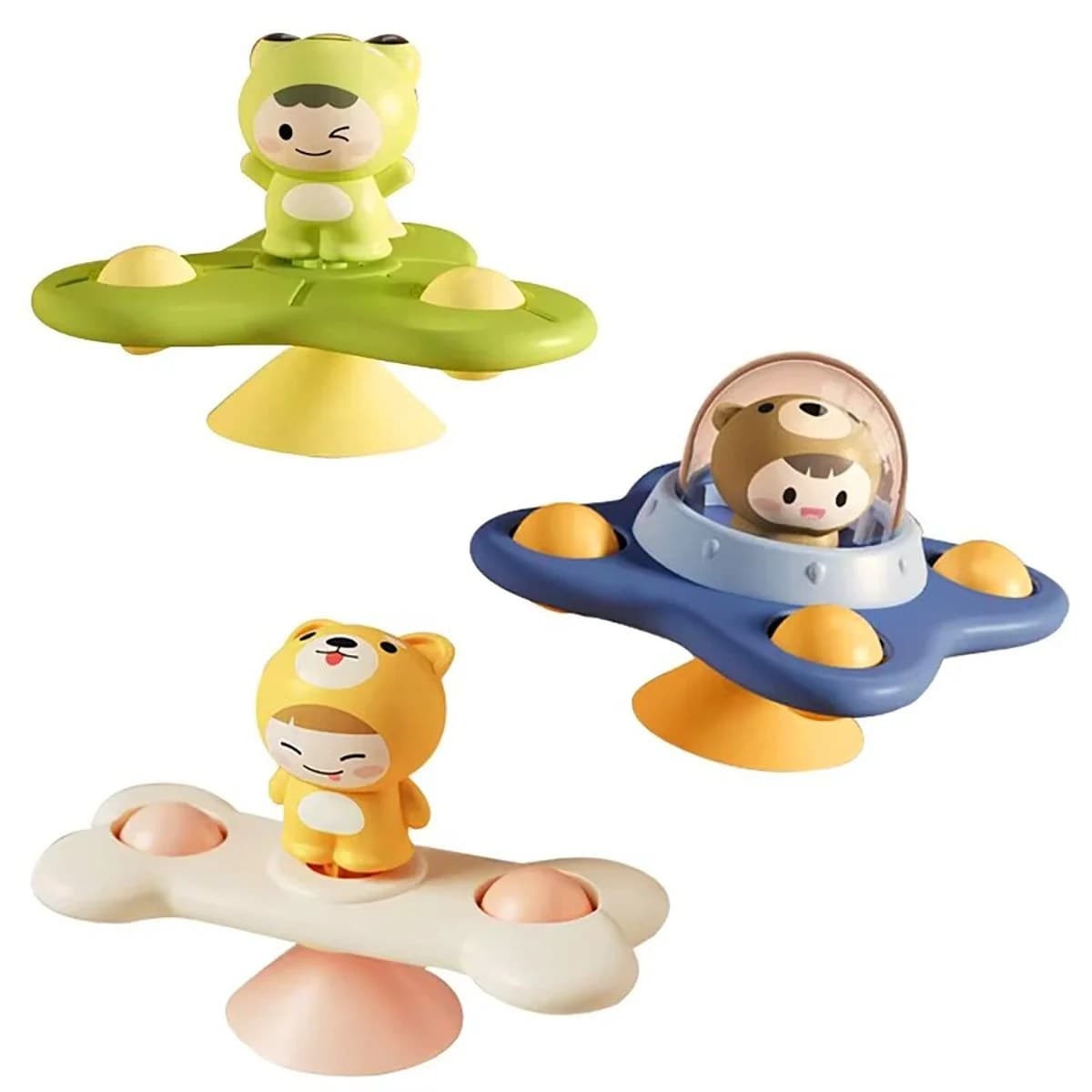 Set 3 jucarii interactive rotative cu ventuza si personaje vesele pentru bebelusi si copii mici