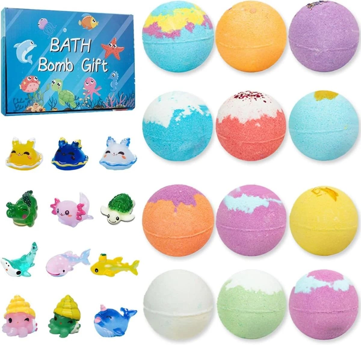 Set de 3 bombe cadou efervescente de baie pentru copii cu surprize jucarii marine colorate