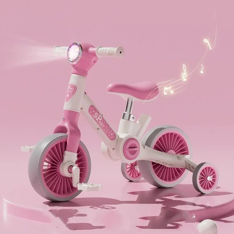 Bicicleta transformabila 2 in 1 pentru copii, cu lumini si sunete interactive, culoare roz