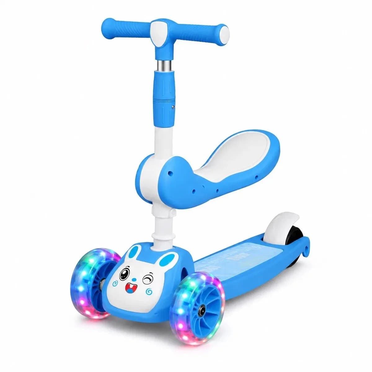 Trotineta 3 in 1 pentru copii cu scaun detasabil, roti luminoase si design iepuras, culoare albastra