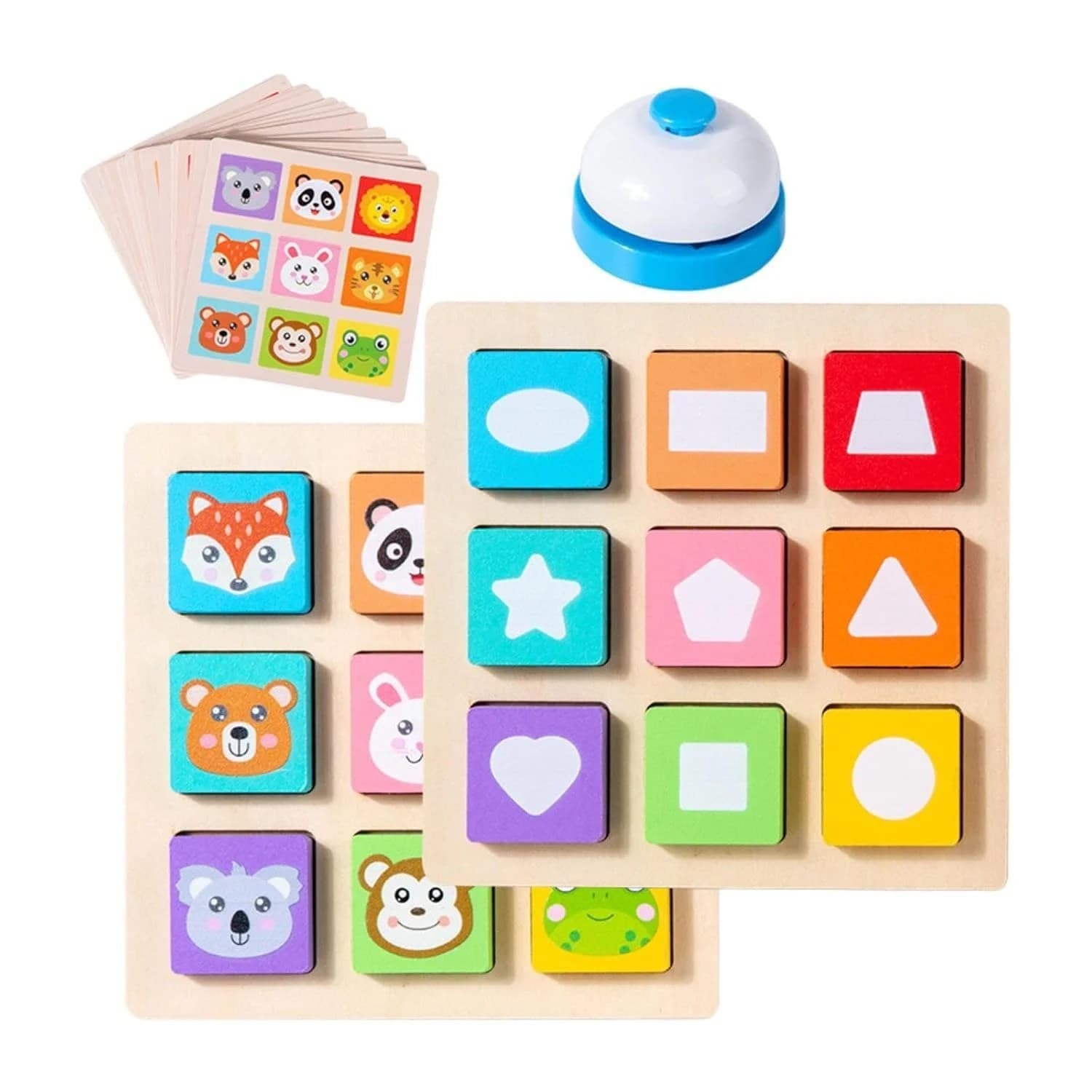 Set educativ de potrivire din lemn cu animale si forme geometrice, cu sonerie pentru copii
