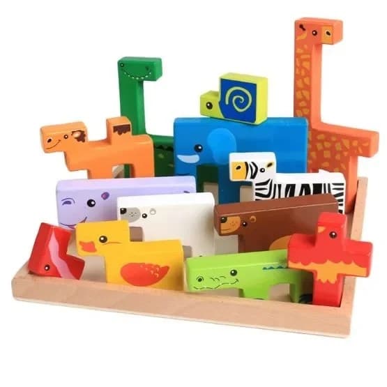Set educativ de puzzle si stivuit animale din lemn pentru dezvoltarea armonioasa a copiilor