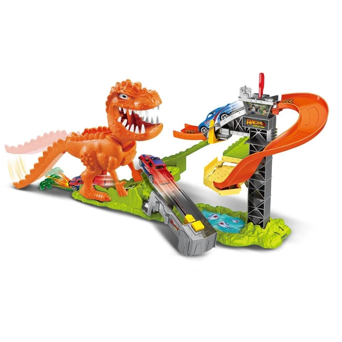 Set de joaca dinozaur si pista de curse cu masinute pentru aventuri rapide