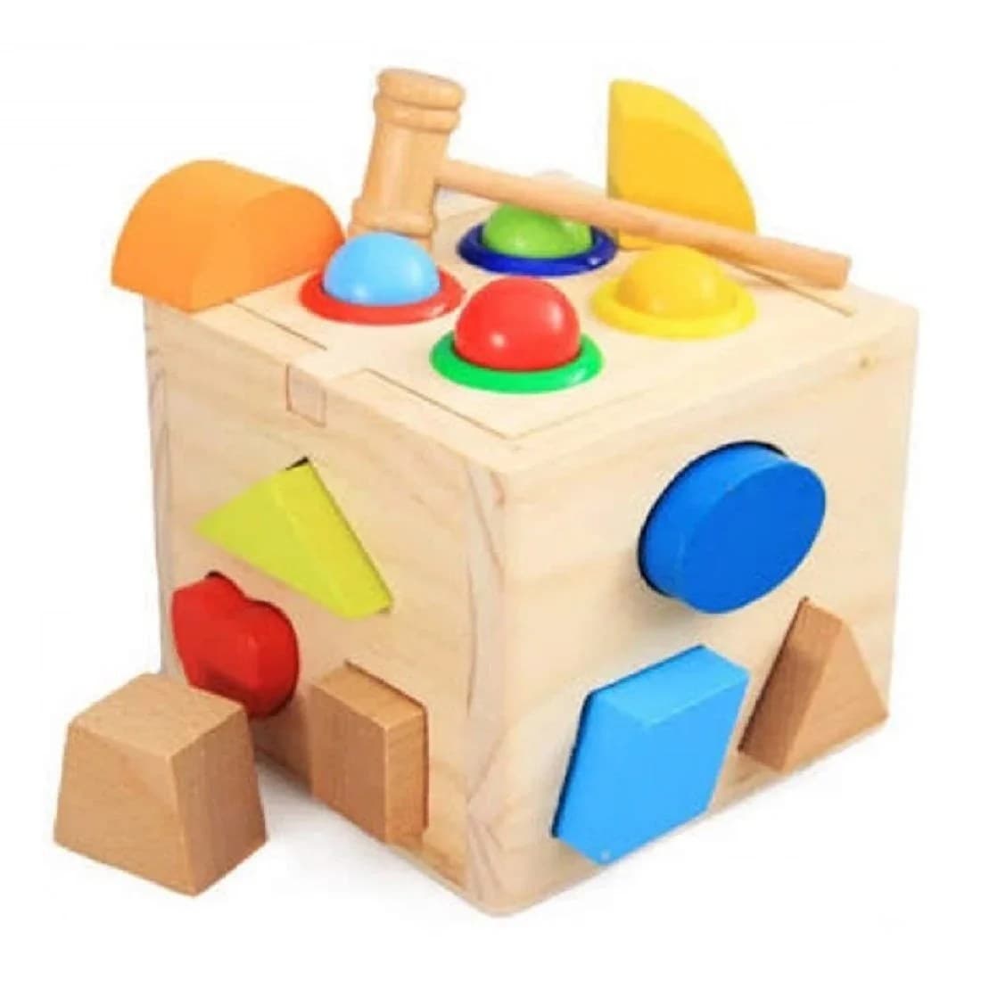 Cub de activitati multifunctional din lemn cu sortator de forme si ciocan pentru copii