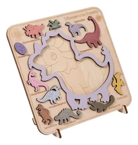Puzzle educational din lemn cu dinozauri colorati, perfect pentru prescolari