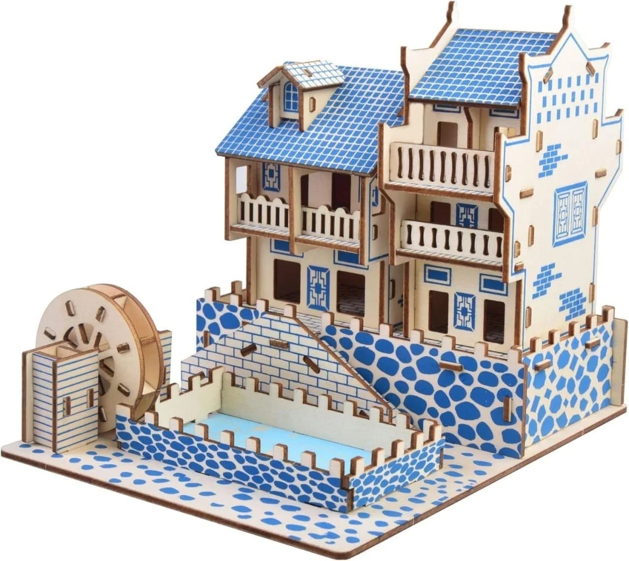 Puzzle 3d din lemn natural casa cu moara de apa si detalii albastre, 63 piese