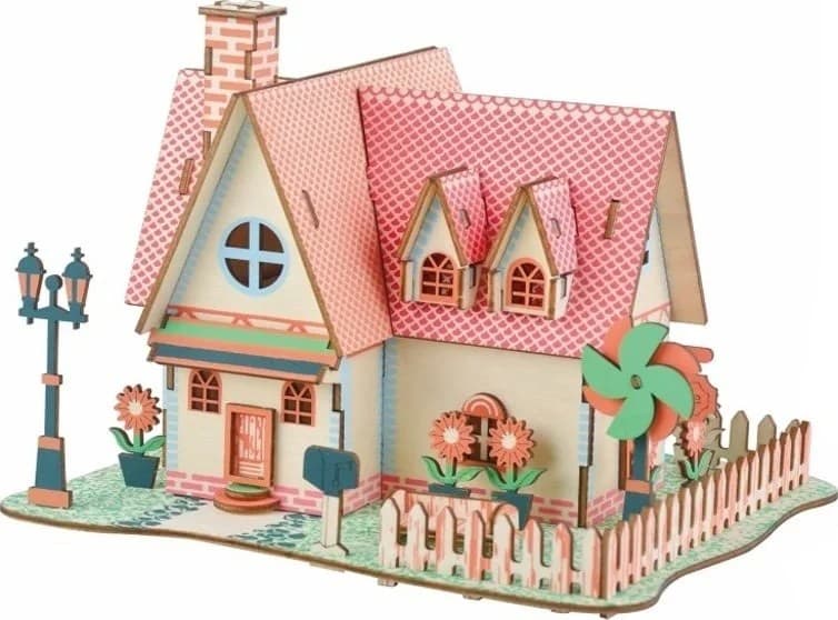 Casuta puzzle 3d din lemn, kit de constructie educational pentru copii, 73 piese